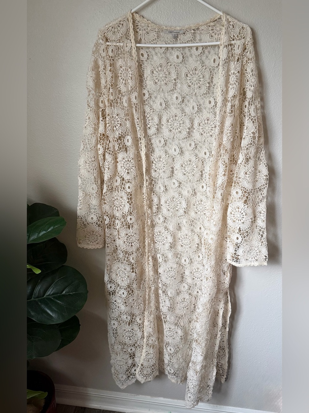Cozy Casual Ivory Floral Lace Open Front Duster Cardigan Boho Cottagecore 1X
